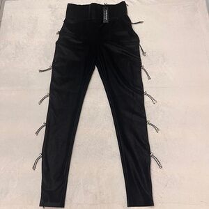 NWT Maniere De Voir Black Faux Leather Leggings Pants w/ Side Toggles Size 14